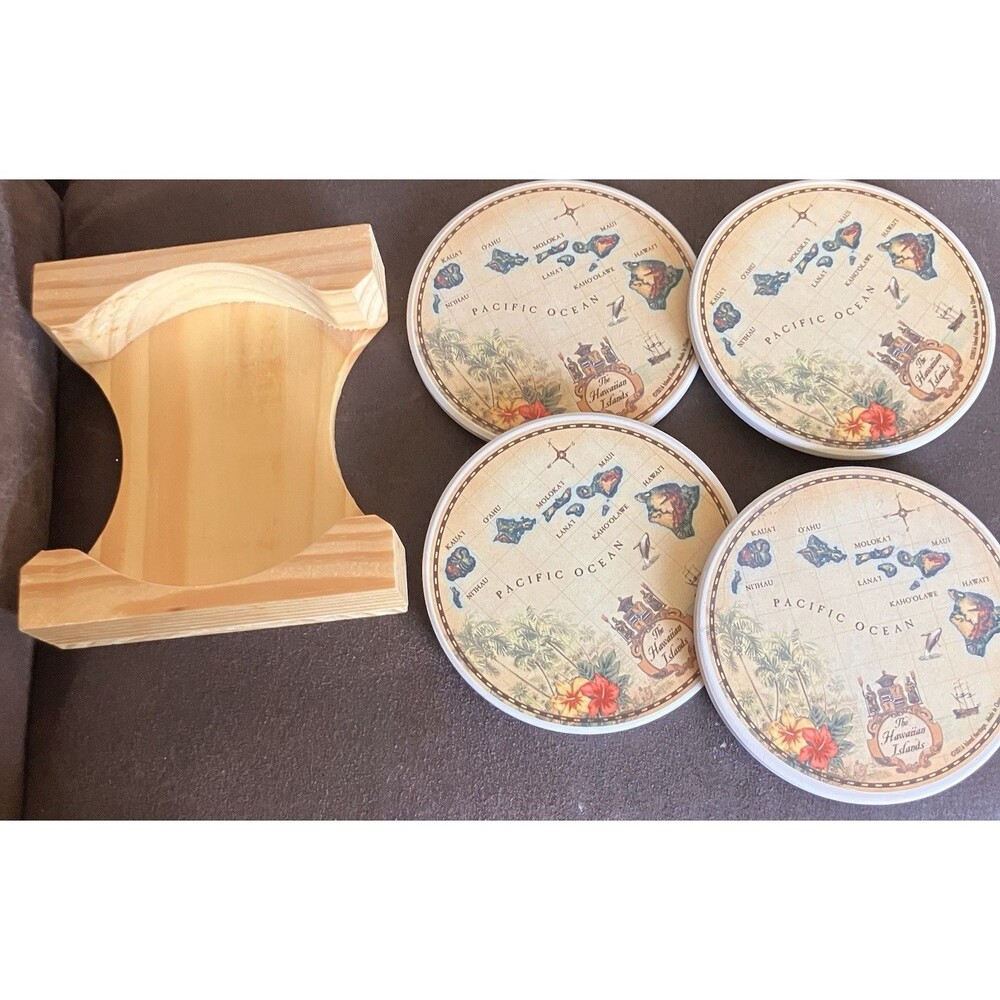 Set Of 4 Island Heritage  Coasters The Hawaiian Islands Cork Backed 2016